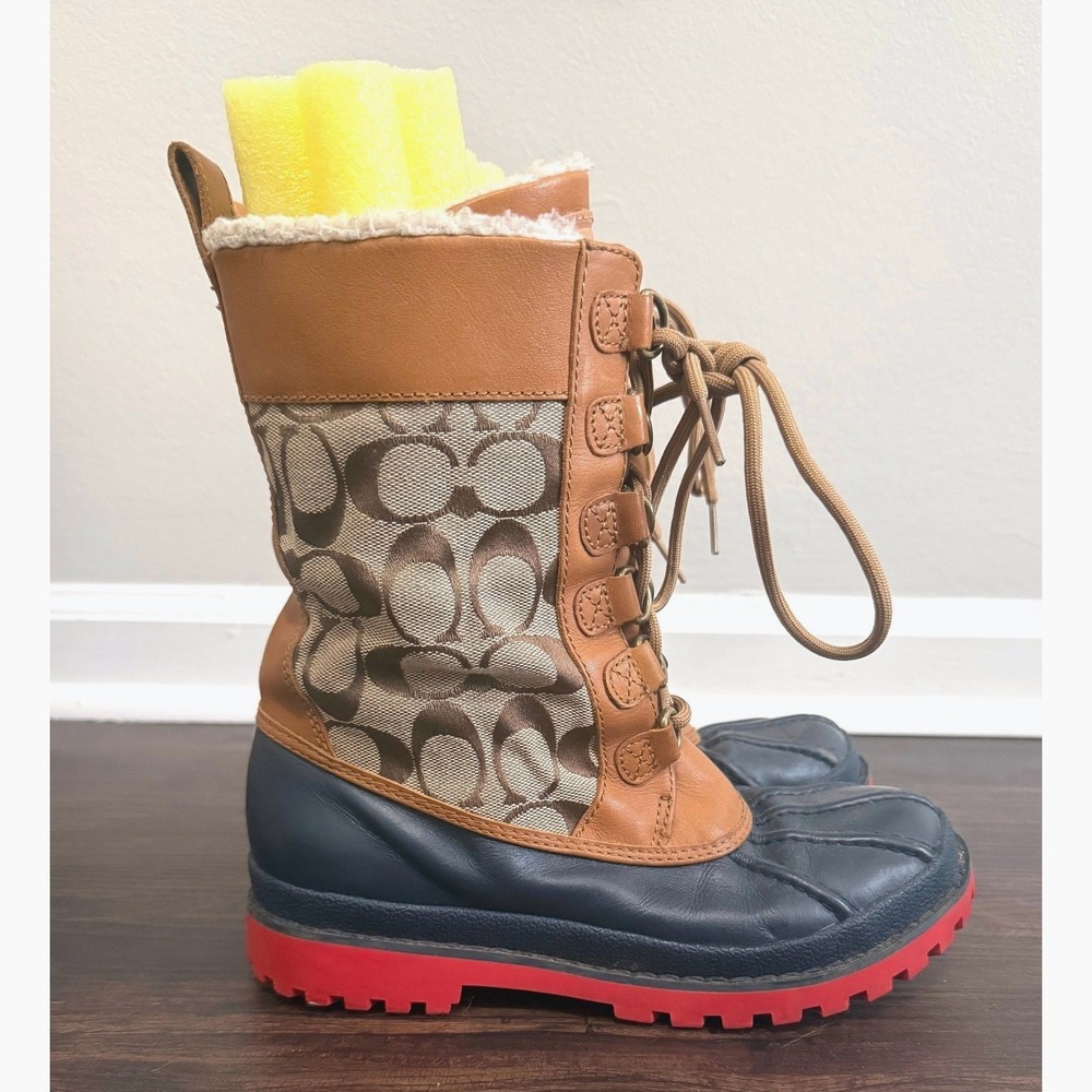 Coach Women's Laura Brown Leather Signature Monogram Lace Up Duck Boots Size 6.5